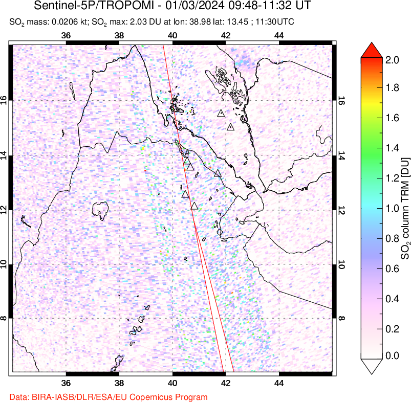 A sulfur dioxide image over Afar and southern Red Sea on Jan 03, 2024.