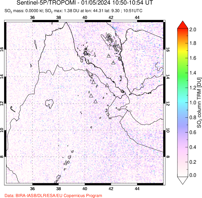 A sulfur dioxide image over Afar and southern Red Sea on Jan 05, 2024.