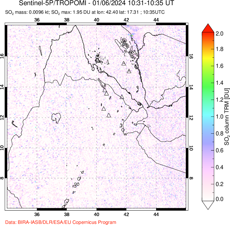 A sulfur dioxide image over Afar and southern Red Sea on Jan 06, 2024.