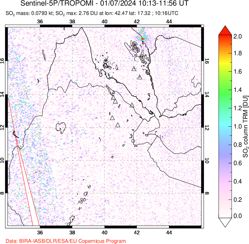 A sulfur dioxide image over Afar and southern Red Sea on Jan 07, 2024.