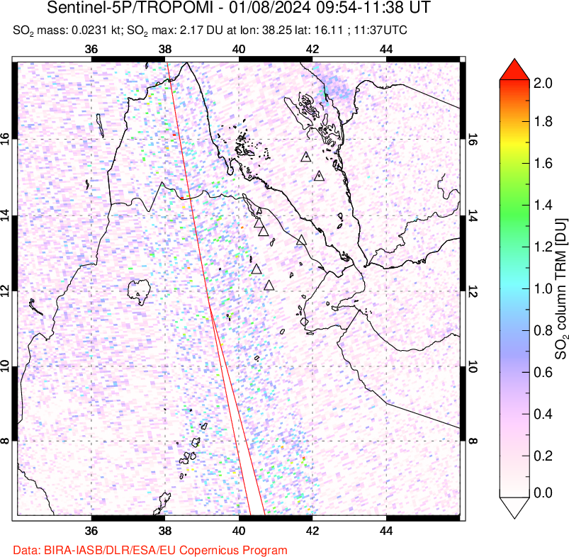 A sulfur dioxide image over Afar and southern Red Sea on Jan 08, 2024.