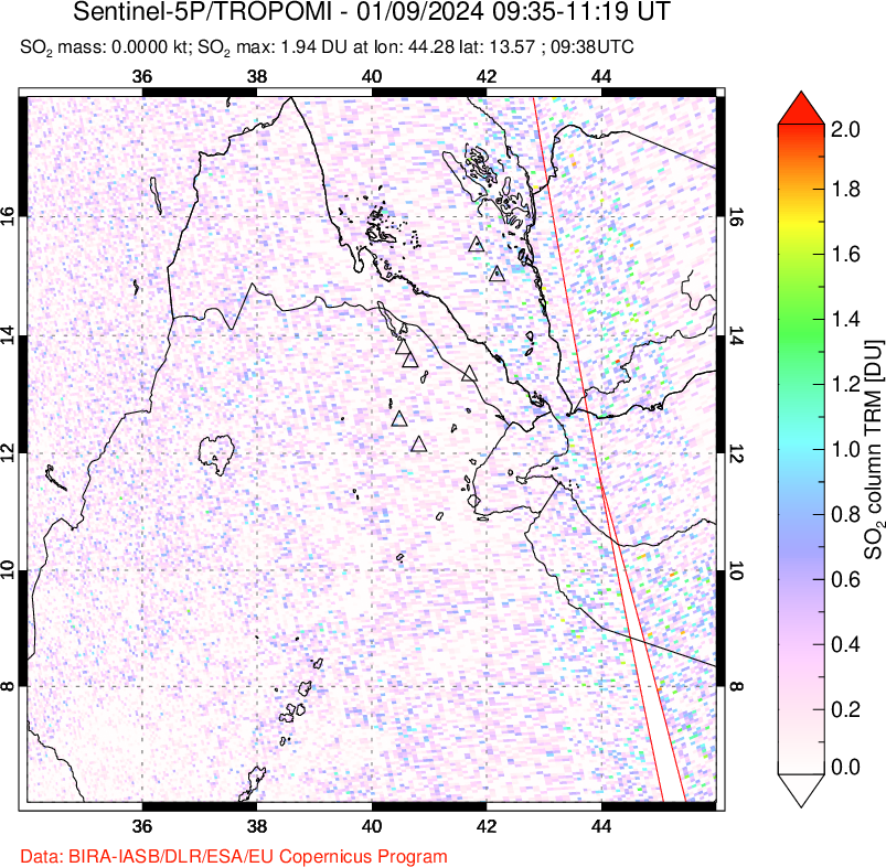 A sulfur dioxide image over Afar and southern Red Sea on Jan 09, 2024.