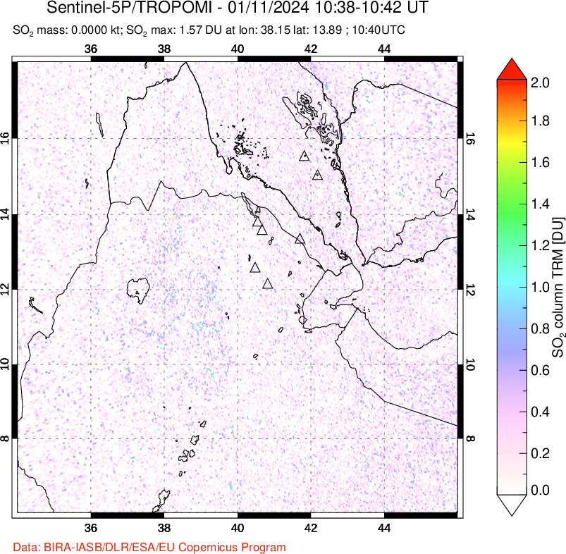 A sulfur dioxide image over Afar and southern Red Sea on Jan 11, 2024.