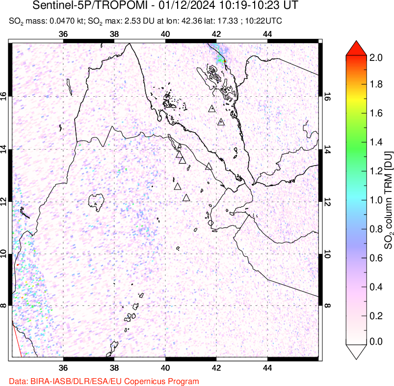 A sulfur dioxide image over Afar and southern Red Sea on Jan 12, 2024.