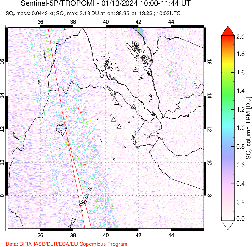 A sulfur dioxide image over Afar and southern Red Sea on Jan 13, 2024.