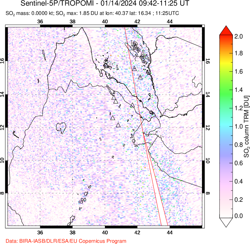 A sulfur dioxide image over Afar and southern Red Sea on Jan 14, 2024.