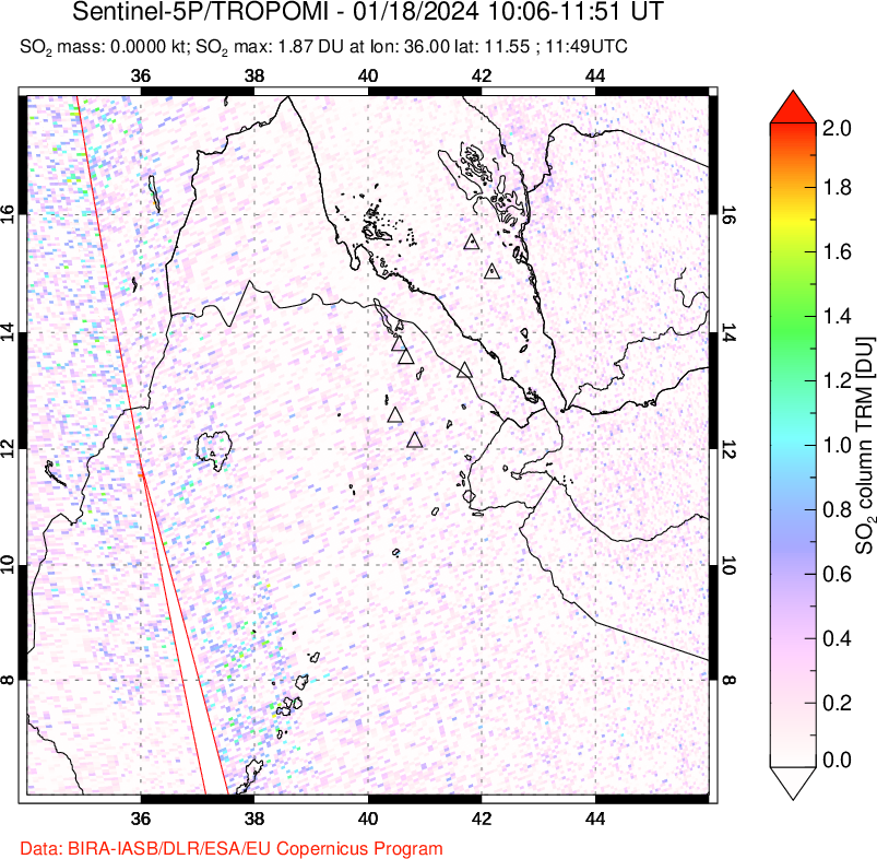 A sulfur dioxide image over Afar and southern Red Sea on Jan 18, 2024.