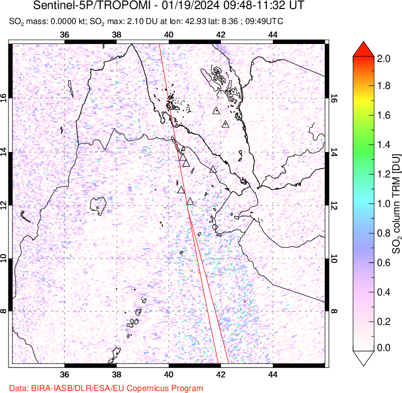 A sulfur dioxide image over Afar and southern Red Sea on Jan 19, 2024.