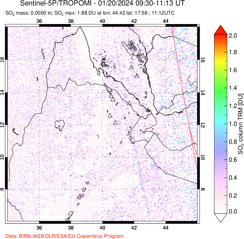 A sulfur dioxide image over Afar and southern Red Sea on Jan 20, 2024.