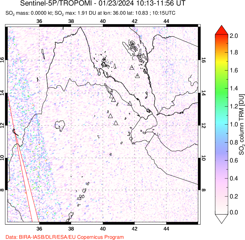 A sulfur dioxide image over Afar and southern Red Sea on Jan 23, 2024.