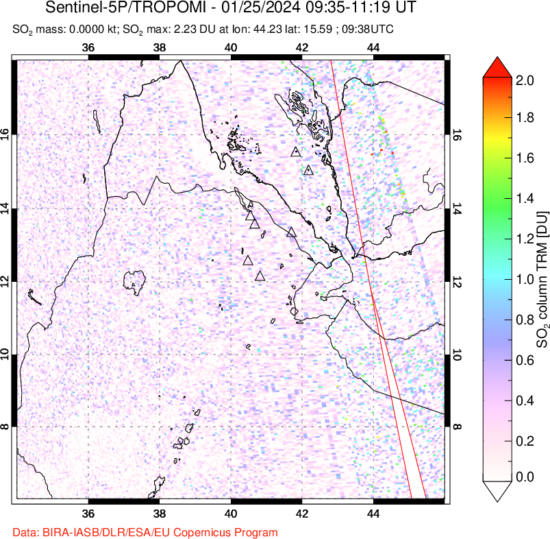 A sulfur dioxide image over Afar and southern Red Sea on Jan 25, 2024.