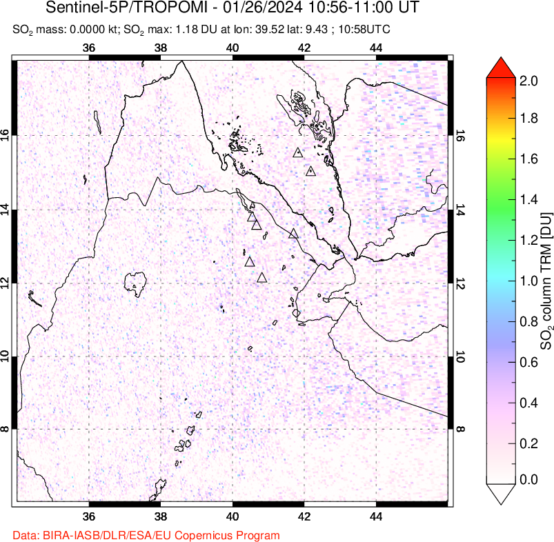 A sulfur dioxide image over Afar and southern Red Sea on Jan 26, 2024.