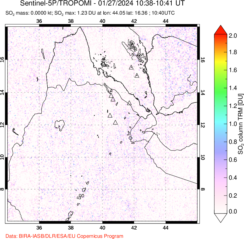 A sulfur dioxide image over Afar and southern Red Sea on Jan 27, 2024.