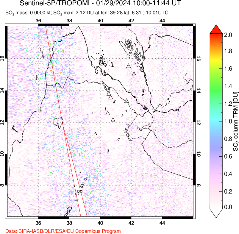 A sulfur dioxide image over Afar and southern Red Sea on Jan 29, 2024.