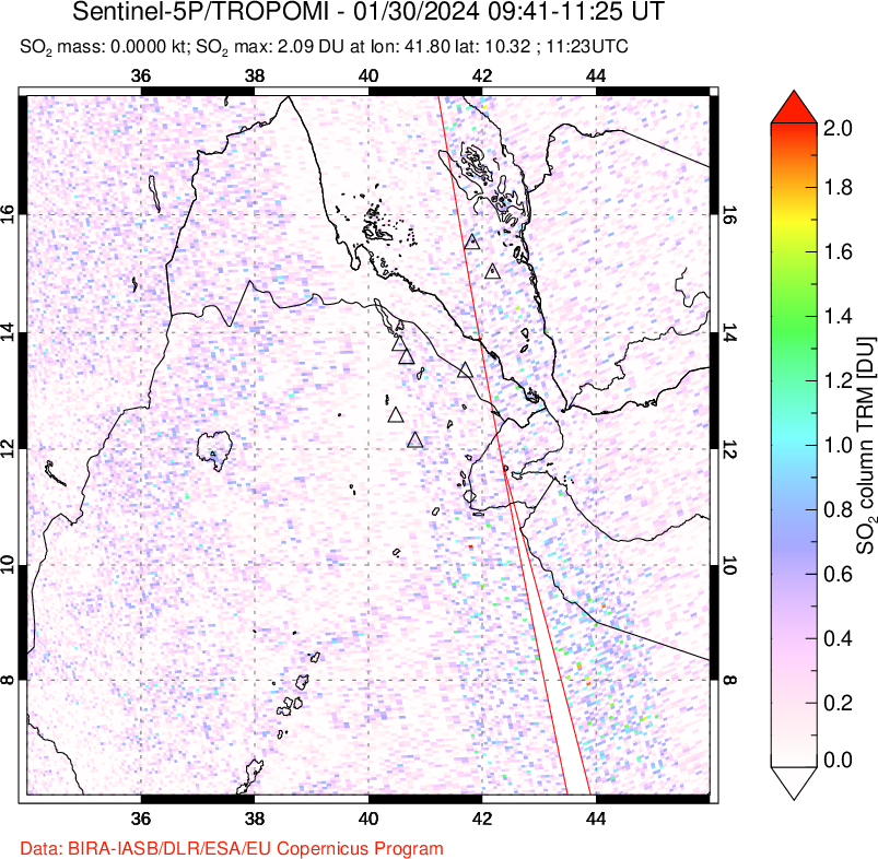 A sulfur dioxide image over Afar and southern Red Sea on Jan 30, 2024.