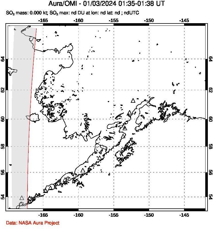 A sulfur dioxide image over Alaska, USA on Jan 03, 2024.