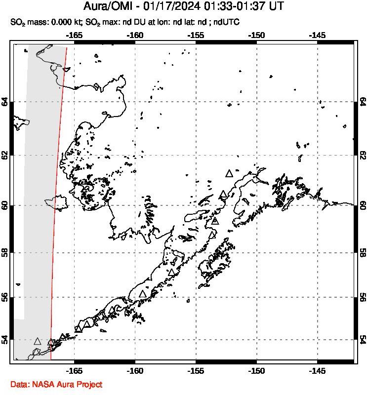 A sulfur dioxide image over Alaska, USA on Jan 17, 2024.