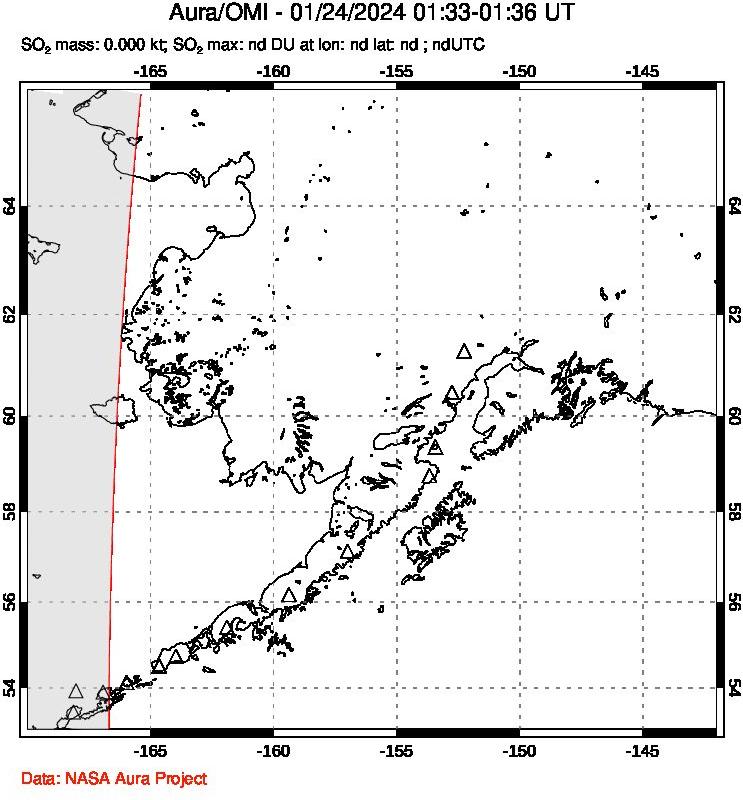 A sulfur dioxide image over Alaska, USA on Jan 24, 2024.