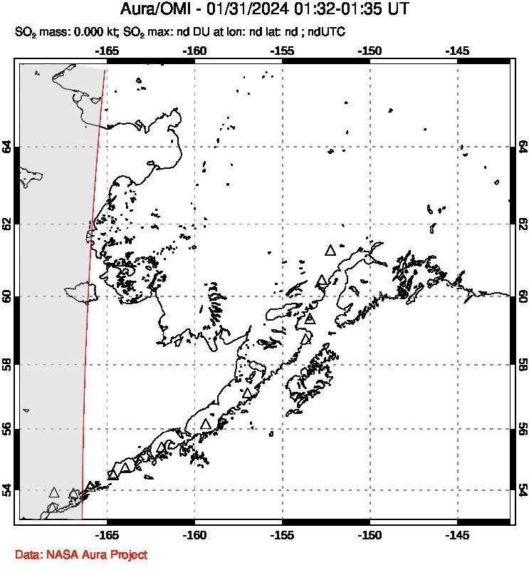 A sulfur dioxide image over Alaska, USA on Jan 31, 2024.