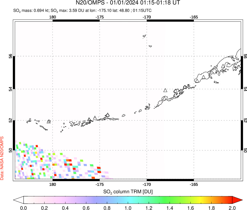 A sulfur dioxide image over Aleutian Islands, Alaska, USA on Jan 01, 2024.