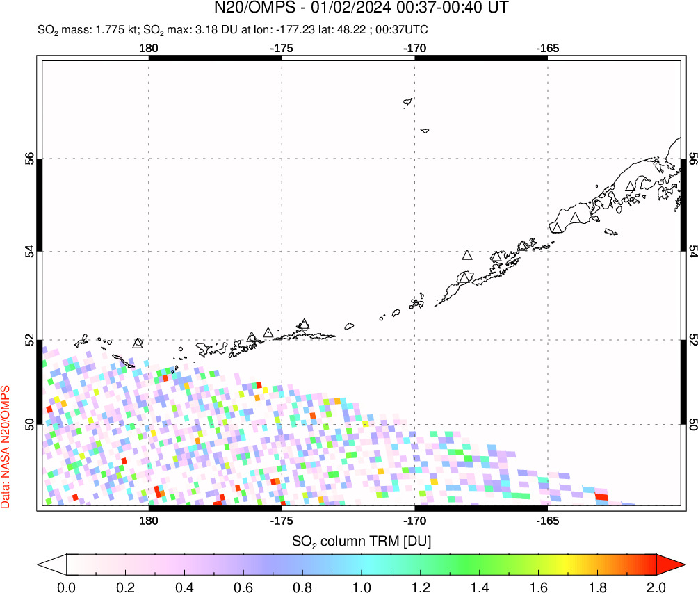 A sulfur dioxide image over Aleutian Islands, Alaska, USA on Jan 02, 2024.