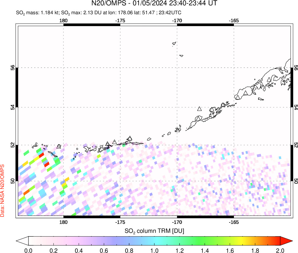 A sulfur dioxide image over Aleutian Islands, Alaska, USA on Jan 05, 2024.