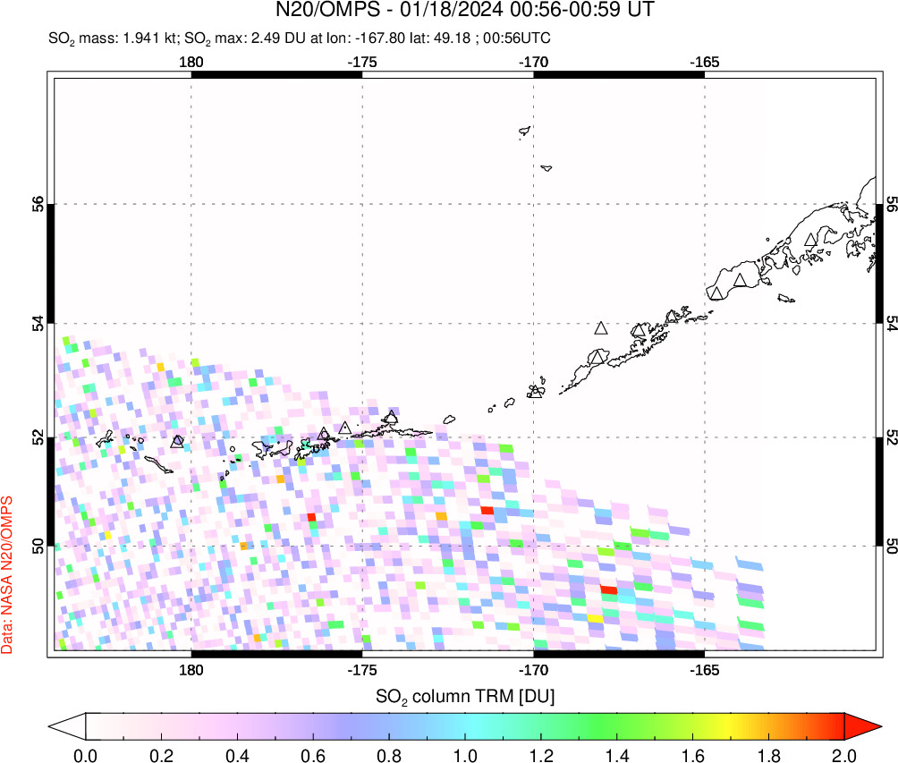 A sulfur dioxide image over Aleutian Islands, Alaska, USA on Jan 18, 2024.