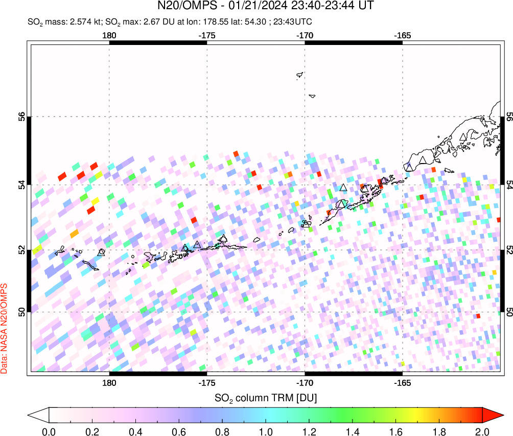 A sulfur dioxide image over Aleutian Islands, Alaska, USA on Jan 21, 2024.