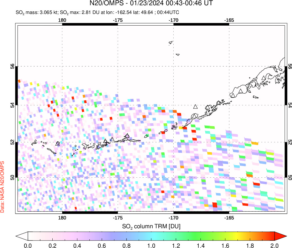 A sulfur dioxide image over Aleutian Islands, Alaska, USA on Jan 23, 2024.