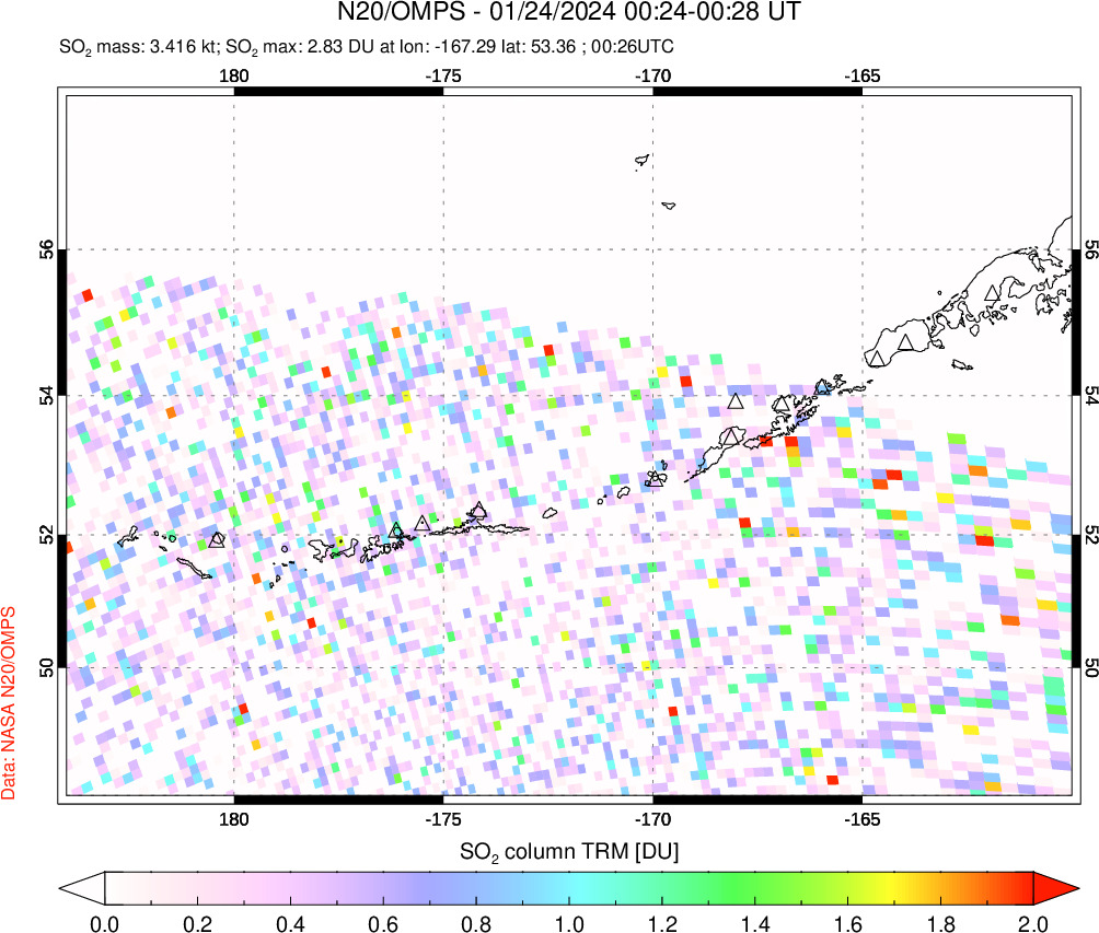 A sulfur dioxide image over Aleutian Islands, Alaska, USA on Jan 24, 2024.