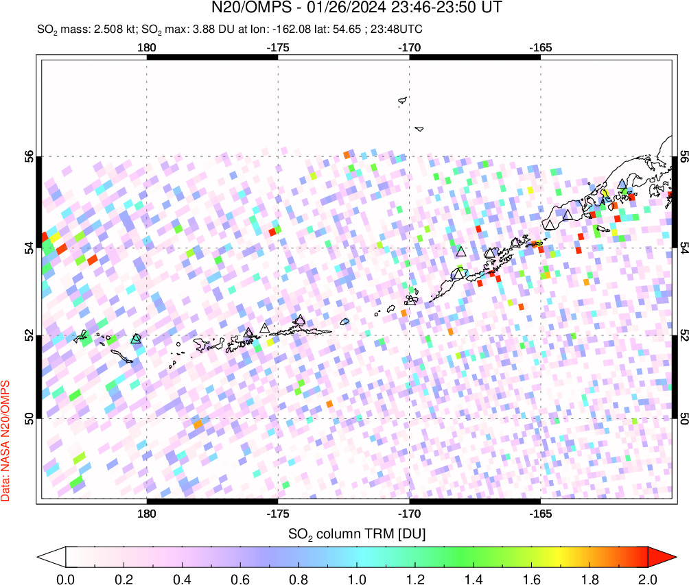 A sulfur dioxide image over Aleutian Islands, Alaska, USA on Jan 26, 2024.