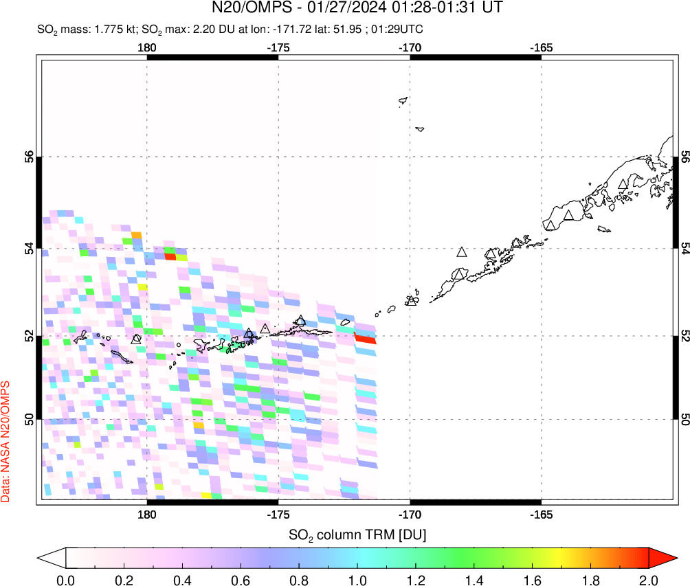 A sulfur dioxide image over Aleutian Islands, Alaska, USA on Jan 27, 2024.