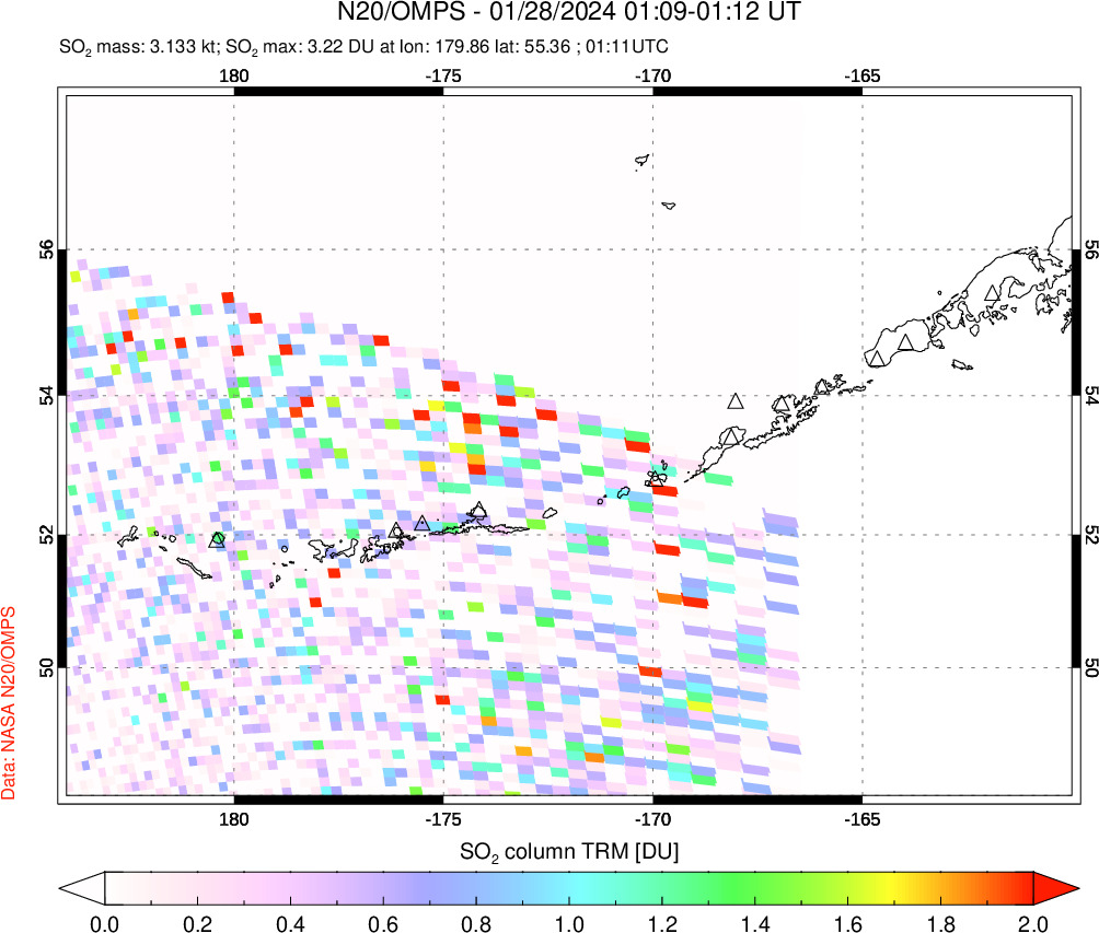 A sulfur dioxide image over Aleutian Islands, Alaska, USA on Jan 28, 2024.