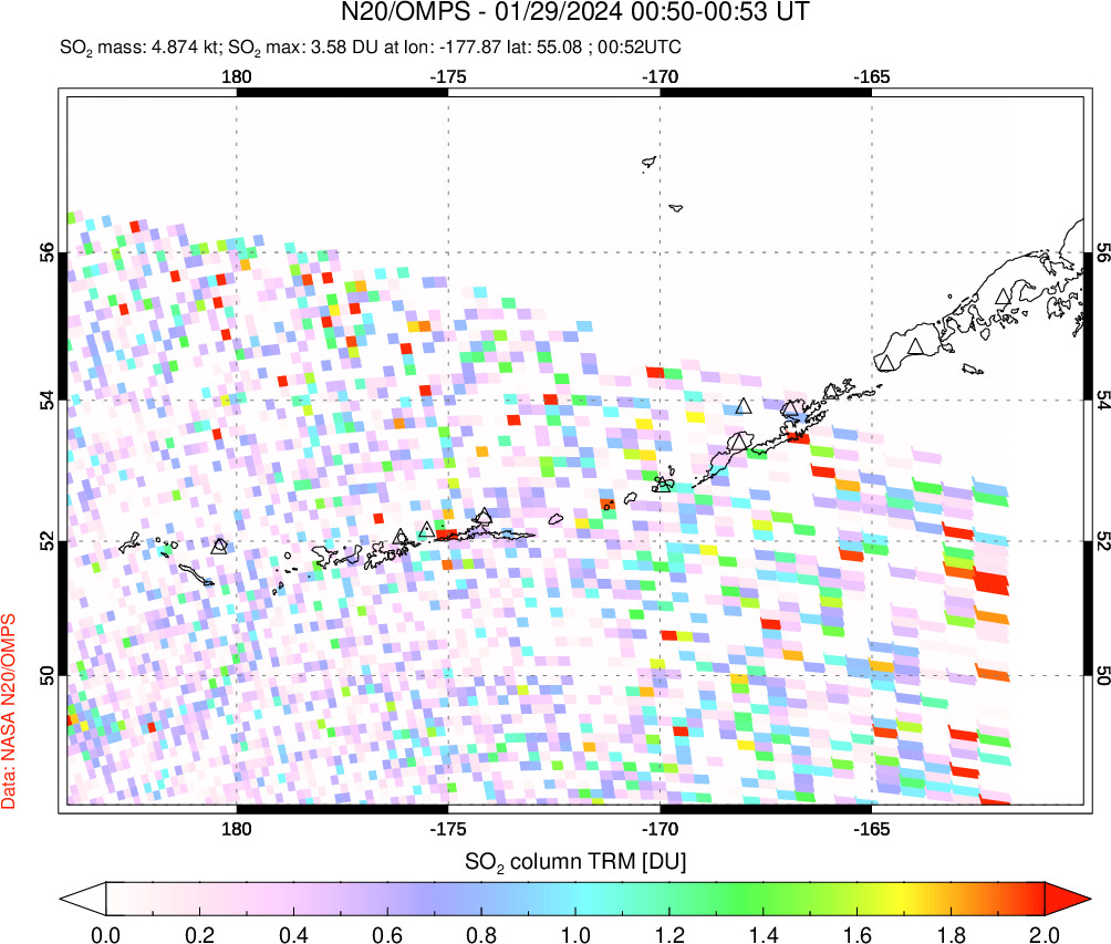 A sulfur dioxide image over Aleutian Islands, Alaska, USA on Jan 29, 2024.