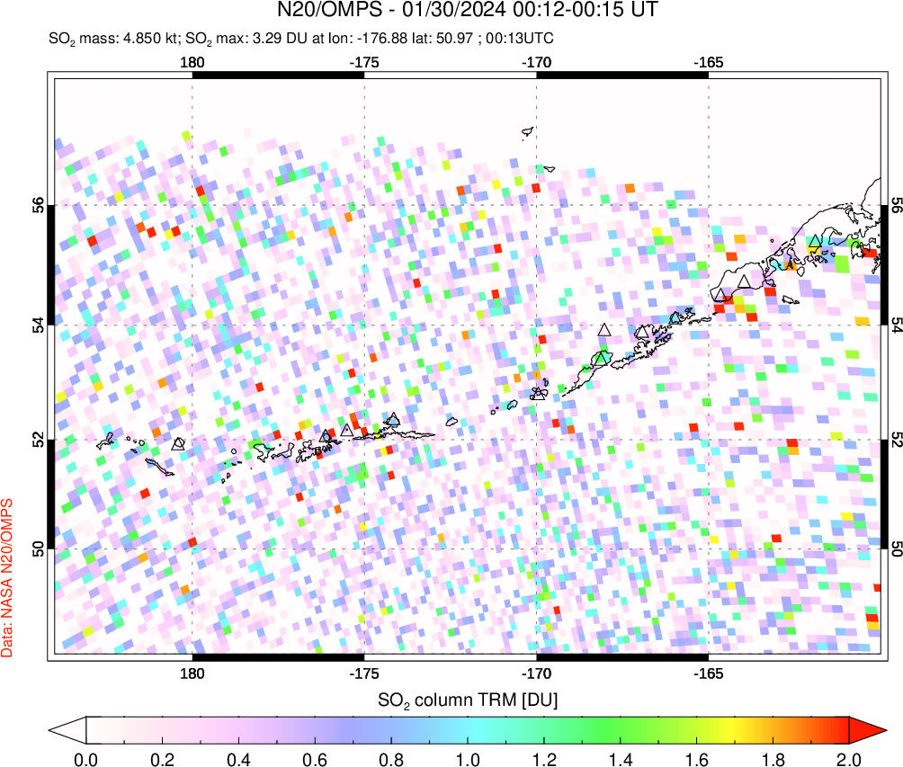 A sulfur dioxide image over Aleutian Islands, Alaska, USA on Jan 30, 2024.