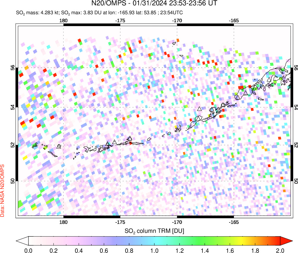 A sulfur dioxide image over Aleutian Islands, Alaska, USA on Jan 31, 2024.