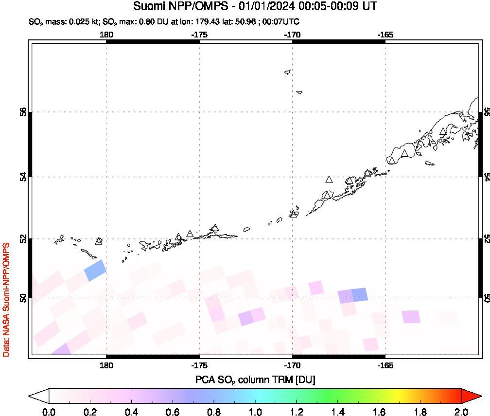 A sulfur dioxide image over Aleutian Islands, Alaska, USA on Jan 01, 2024.