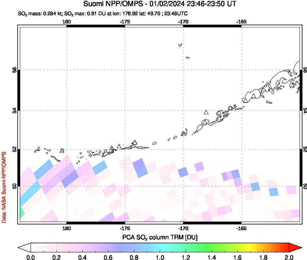 A sulfur dioxide image over Aleutian Islands, Alaska, USA on Jan 02, 2024.