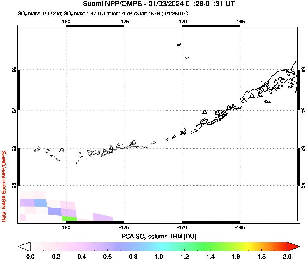 A sulfur dioxide image over Aleutian Islands, Alaska, USA on Jan 03, 2024.