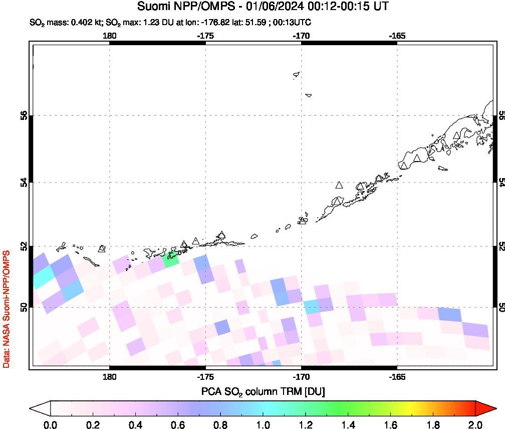 A sulfur dioxide image over Aleutian Islands, Alaska, USA on Jan 06, 2024.