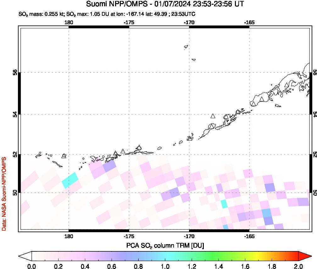 A sulfur dioxide image over Aleutian Islands, Alaska, USA on Jan 07, 2024.