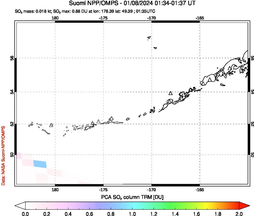 A sulfur dioxide image over Aleutian Islands, Alaska, USA on Jan 08, 2024.