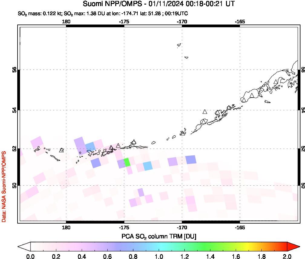 A sulfur dioxide image over Aleutian Islands, Alaska, USA on Jan 11, 2024.