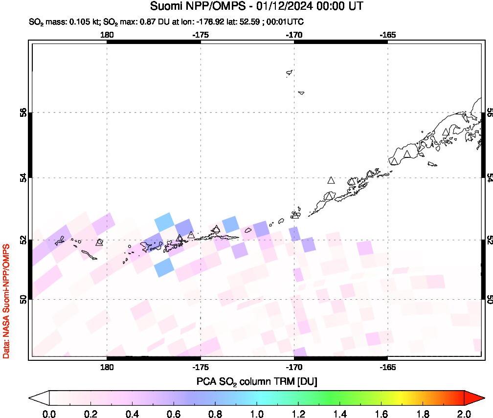 A sulfur dioxide image over Aleutian Islands, Alaska, USA on Jan 12, 2024.