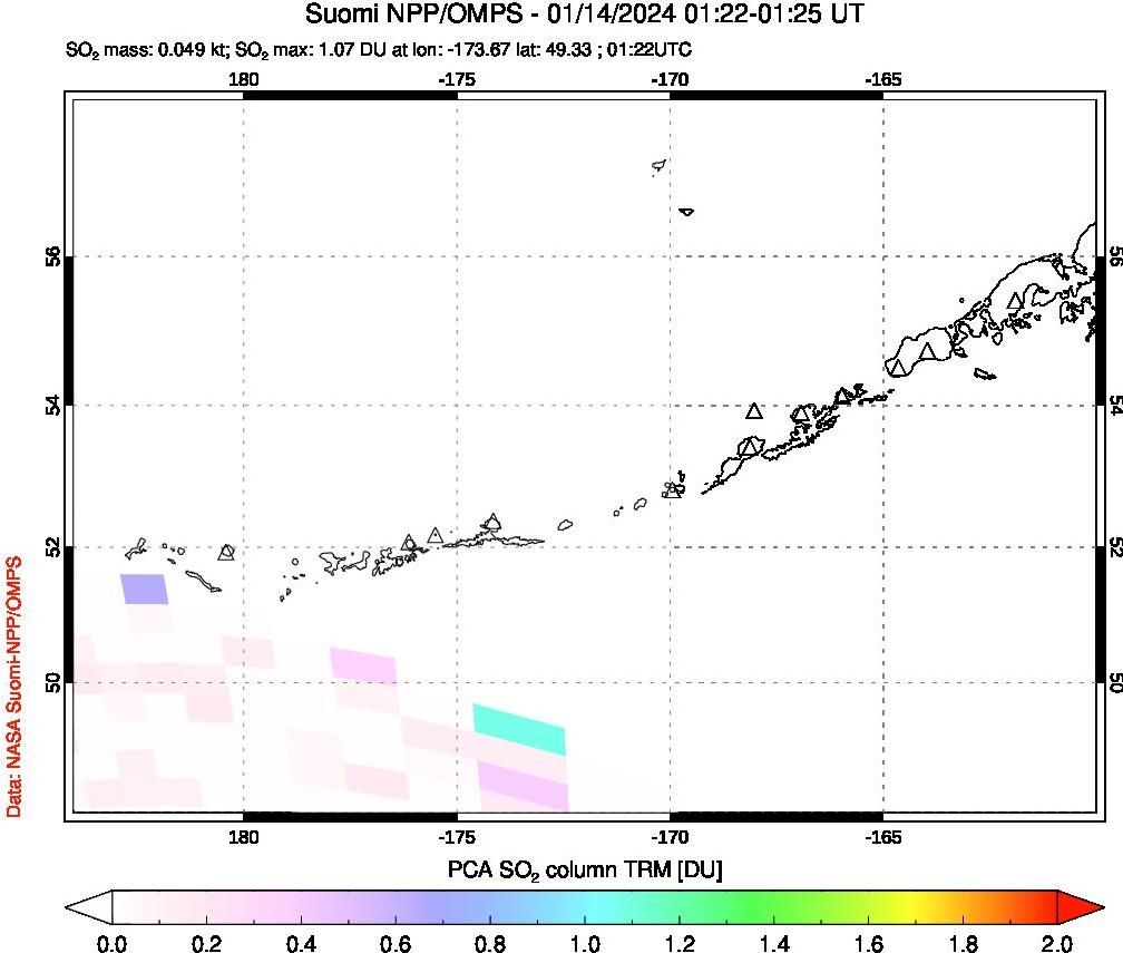 A sulfur dioxide image over Aleutian Islands, Alaska, USA on Jan 14, 2024.