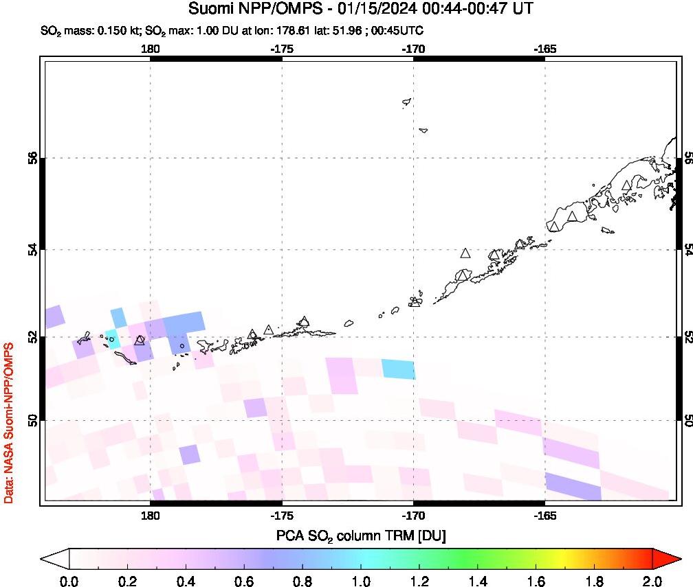 A sulfur dioxide image over Aleutian Islands, Alaska, USA on Jan 15, 2024.