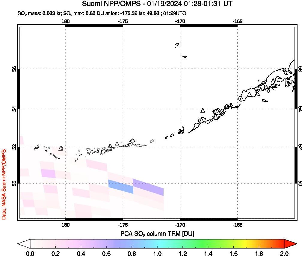 A sulfur dioxide image over Aleutian Islands, Alaska, USA on Jan 19, 2024.