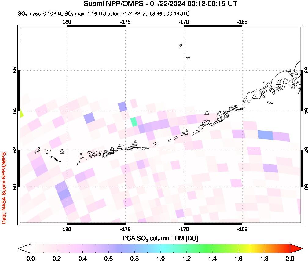 A sulfur dioxide image over Aleutian Islands, Alaska, USA on Jan 22, 2024.