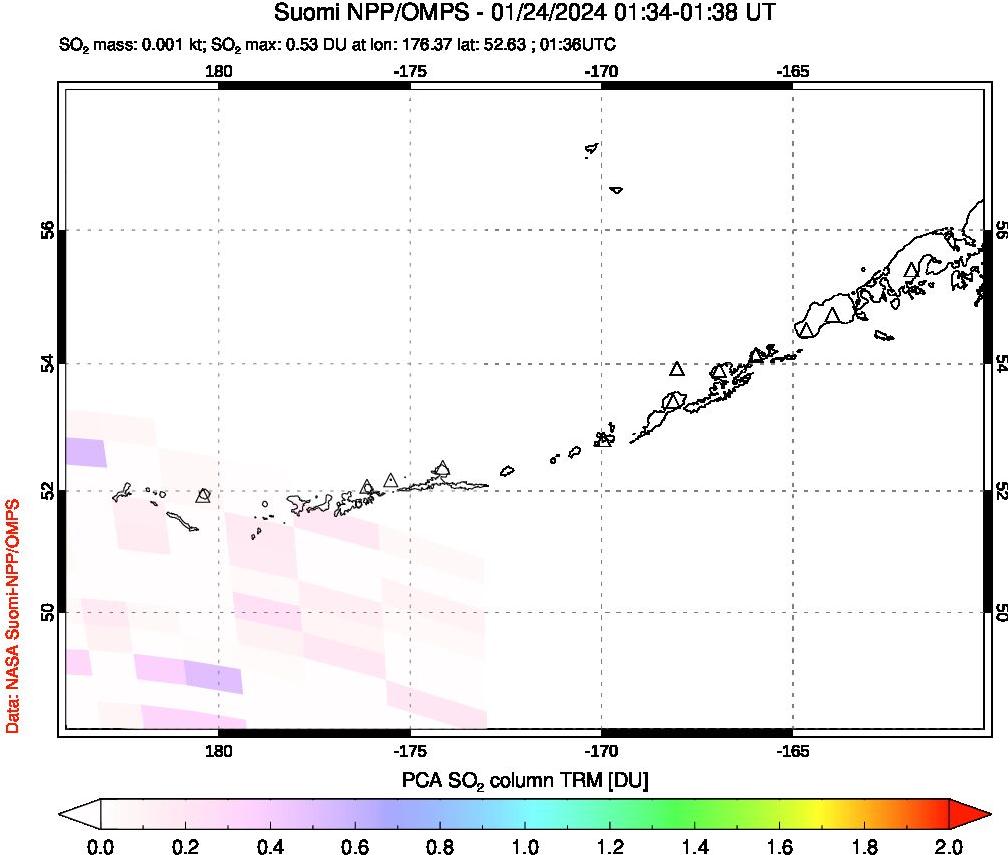 A sulfur dioxide image over Aleutian Islands, Alaska, USA on Jan 24, 2024.