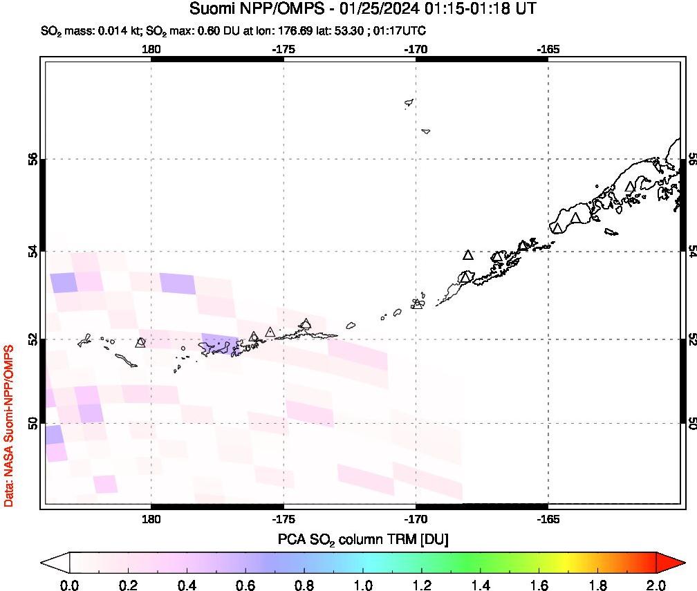 A sulfur dioxide image over Aleutian Islands, Alaska, USA on Jan 25, 2024.